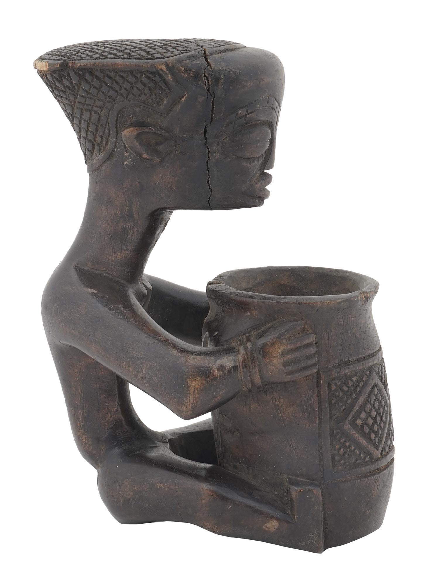 AFRICAN CONGO CARVED WOOD MALE FIGURINE WITH POT PIC-0